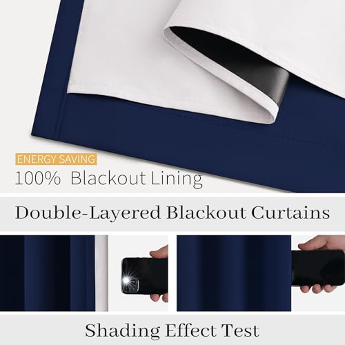 Image of COSVIYA Navy Blue 100% Blackout Curtains for Bedroom with White Back | 2 Thick Layers Full Room Darkening Thermal Insulated Curtain,Grommet Window Drapes for Living Room, 52x84 Inch, 2 Panels