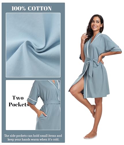 Image of ANLIQI Womens 100% Cotton Robes Lightweight Summer Short Sleeve Lady Bathrobe Knee Length Kimono Robe Sleepwear with Pockets