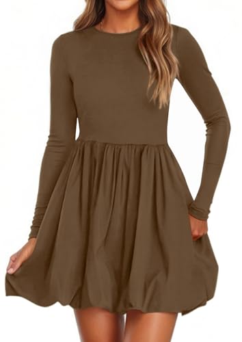 Image of PRETTYGARDEN Fall Dresses for Women 2026 Casual Long Sleeve Bubble Cute Crew Neck A Line Mini Short Dress with Pockets