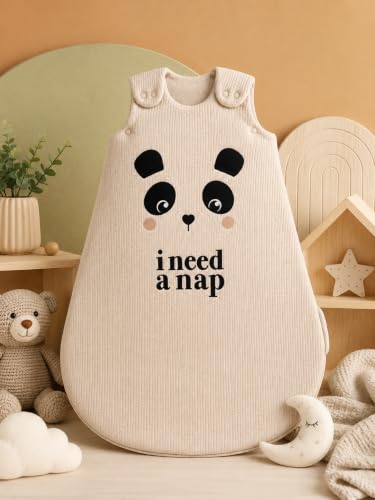 Image of TuddyBuddy Baby Cotton Wearable Quilted Sleeping Bag Blanket 1.5 Tog with 1 Way Zipper Closure | Ideal for Babies & Kids Hypoallergenic Fabrics | (Panda - I Need A Nap - Beige, 12-18 Months)
