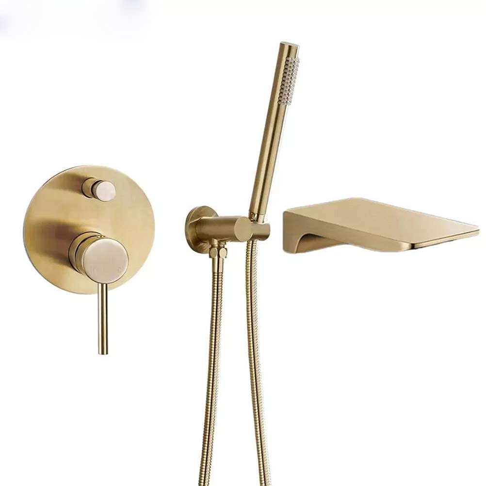CWCQGH Bathtub Faucet with Shower, Brass Tub Taps with Shower, Waterfall Hot Cold Mixer Tap with Valve Trim Kit and Hand Held Sprayer Head Bathtub Faucet with Hand Shower and Sh,Brushed Gold
