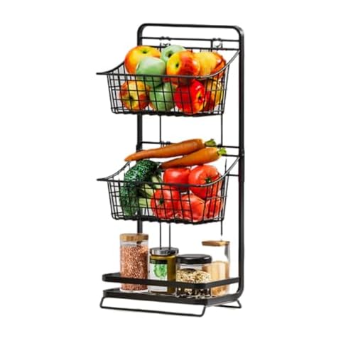 Lexza 3 Tier Fruit Basket Fruit Bowl for Kitchen Countertop, Fruit Vegetable Mini Storage Basket Holder, Removable Hanging Basket Stand for Kitchen Organizer, Black Cover