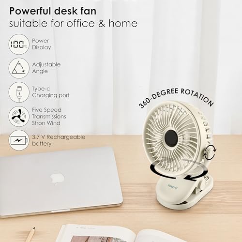 Image of Gesto High Speed Rechargeable Clip-On Table Fan with Digital Display - 360 Moving USB Charging Fan for Home,Kitchen,Baby Stroller | 2000mAh Battery,5 Speed Modes,Portable Battery Operated Fan