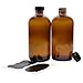 Cornucopia 16oz Amber Glass Bottles with Reusable Chalk Labels and Lids (2 Pack), Refillable Brown Boston Round Bottles, with Black 28-400 Caps