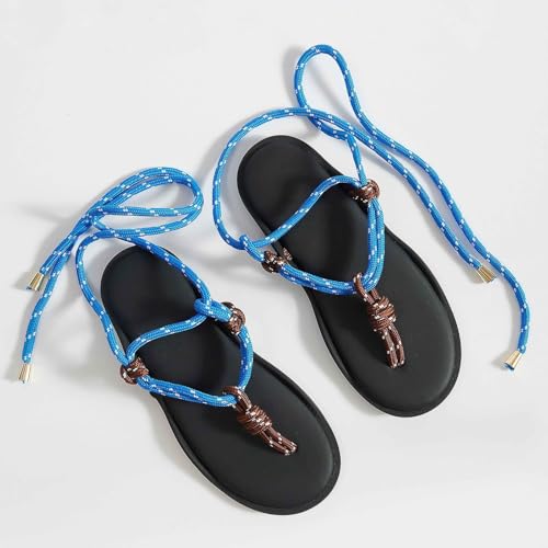 Image of ZJGZF Rope Flip Flop Sandals for Women Thong Sandals Adjustable T Straps Comfortable Soft Flat Sandals