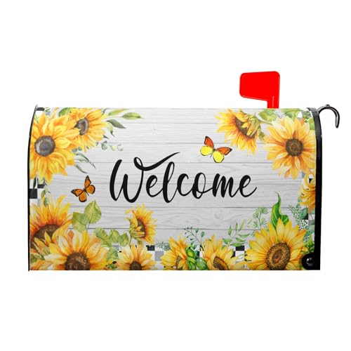 Image of Spring Summer Welcome Mailbox Cover Magnetic Standard Size 25.5 inchx21 inch Sunflower Butterfly Decorative Mailbox Covers Farmhouse Rustic Decor Post Letter Box Cover Wrap for Outside Spring Decoration