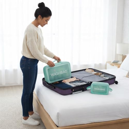 Image of Wazdorf Cosmetic Pouch Bag - Large Waterproof Wash Bag with Handle, Translucent Cosmetic Organizer for Makeup, Brushes & Accessories - Unisex Storage Pouch for Travel & Bathroom Use (Green -3 Pcs)