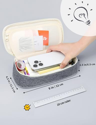 Image of SUNEE Cute Pencil Case, Aesthetic Pen Pouch, Colored Large Pencil Bag with Zipper, Kawaii Stationery Storage and Organizer, School Supplies for Teen and Adult Girls, Gray