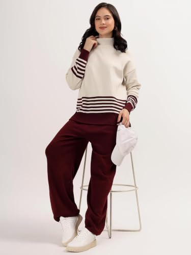Image of Kvetoo Women Winter Coord Set Wool Blend Tracksuit High Neck Sweater and Wide Leg Pants Warm Knitwear Pyjama Set for Casual Office Travel Wear