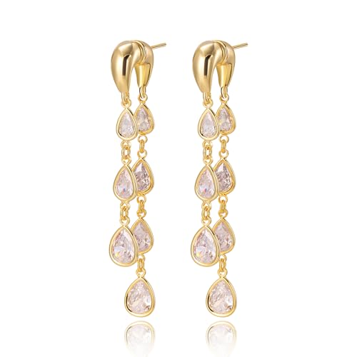 14K Gold Plated Leaf Dangle Earrings for Women Statement, Dainty Hypoallergenic CZ Drop Dangly Earrings Trendy, Simple Long Dangly Jewelry