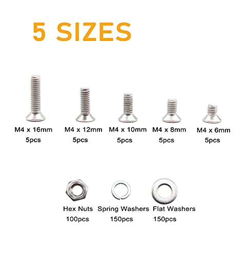 Binifimux 550Pcs M4 Phillips Flat Head Countersunk Machine Screws Bolts Nuts Washers Assortment Kit, 304 Stainless Steel, M4 X 6Mm/ 8Mm/ 10Mm/ 12Mm/ 16Mm #TOP2
