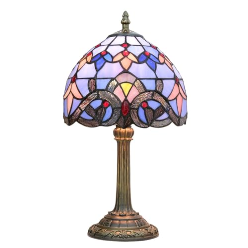 Crecobo Tiffany Lamp 8 Inch Small Stained Glass Table Lamps Blue Baroque Vintage Handmade Reading Desk Light for Bedside Bedroom Living Room Office Art Deco