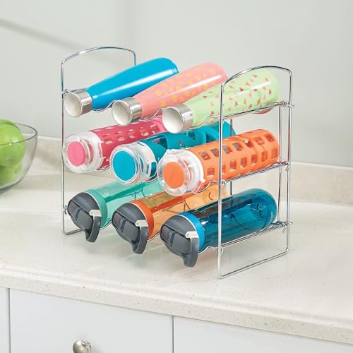 Image of Metal Water Bottle Rack Storage Organizer for Kitchen Countertops, Pantry, Fridge - Stores Wine, Beer, Pop /Soda - 3 Levels, Each Holds 9 Bottles, Free-Standing (Silver)