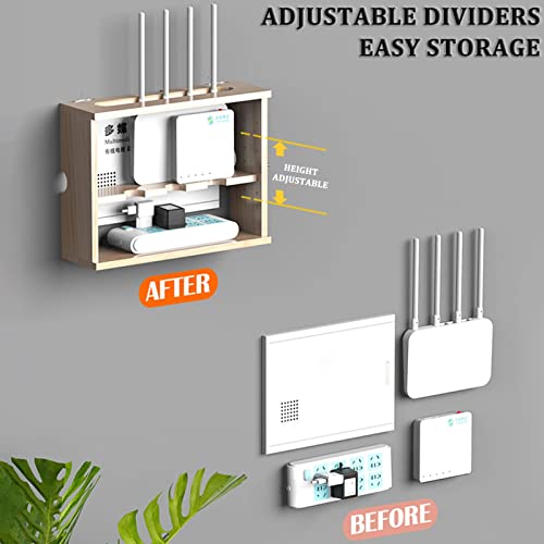 Aufbewahrungsbox für WiFi-Router aus Holz, Wandhalterung, stilvoller Nizer für Modemkabel und Set-Top-Box, perfekt für Zuhause, Schlafzimmer, Wohnzimmer (Natur-B 42,4 x 32,4 x 10 cm)