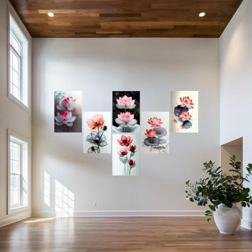Image of SiddArtify Lotus Flower Wall Art Poster Print Set - Botanical Floral Decor for Living Room Bedroom Office - 12x18 inch Sticker Pack of 6