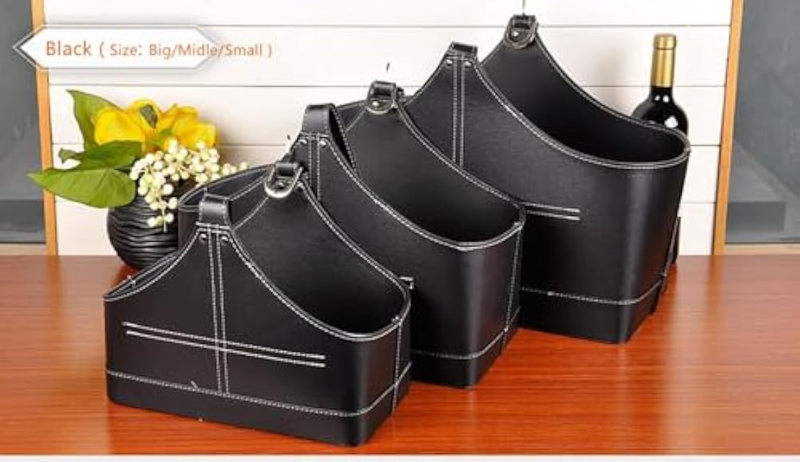 Leather Storage Basket,MDF Structure Wine Flowers Fruits Magazine Holder Rack/Bins,with Top Handle for Holiday Presents Gifts Display (Small, Black)