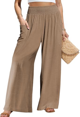 TARSE Womens Summer High Waisted Cotton Linen Palazzo Pants Wide