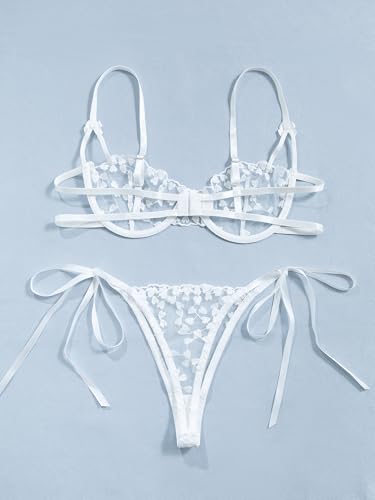 Image of Lilosy Sexy Tie Side Cute Underwire Push Up Strappy Embroidered Mesh Sheer Lingerie Set