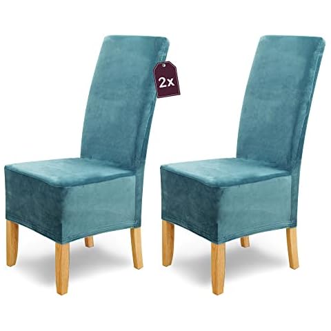 SCHEFFLER-Home Stretch Stuhlhussen Samt Puma Velvet/Velours Stuhlhussen 2er Set Türkis/Stuhlabdeckung als Stuhlhussen Schwingstühle/Spann-Stuhlhussen Lang/eleganter Chenille Stuhlüberzug Cover