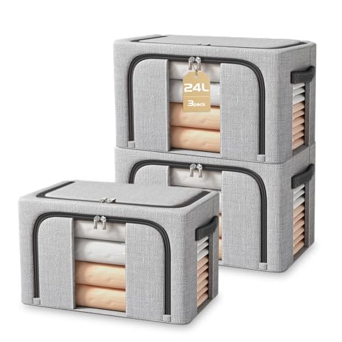 BOUDOI Foldable Storage Box 3 Pack Clothes Storage Boxes With Double Opening Zip And Clear Window Sided Zip Top Lid With Reinforced Handle for Storing Bedding Blankets