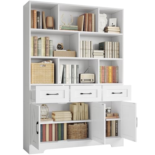 IRONCK Bookshelf with Drawers & Doors, Tall Bookshelf with Storage, Bookcase with Cabinets for Home Office, Living Room, White
