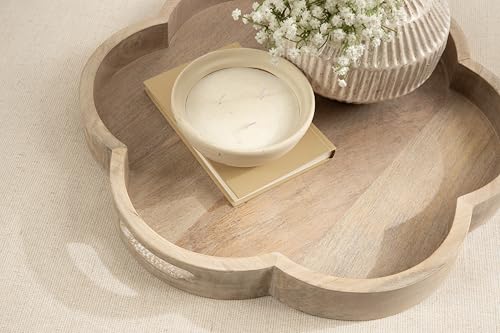 Kate and Laurel Winstead Decorative Scalloped Mango Wood Round Ottoman Tray, 19 Inch Diameter, Light Natural, Wooden Circular Serving Tray with Handles as Tray for Ottoman Coffee Table by Kate and Laurel - Used condition - Image 4