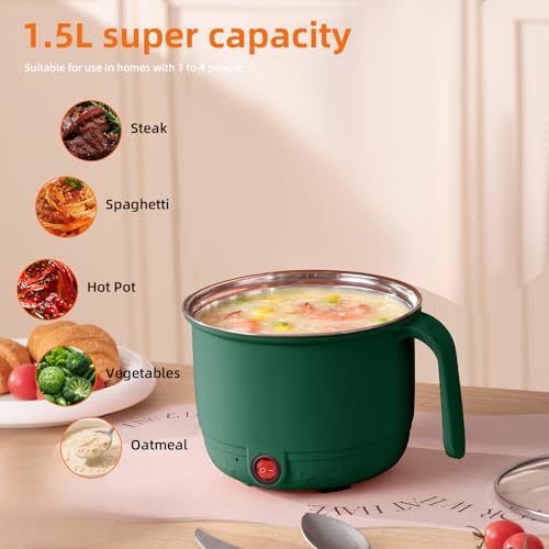 Image of Electric Cooking Pot with Steamer 1.5L | Multi-Function Mini Cooker | Non-Stick Inner | Travel Friendly Kitchen Appliance (Green, Without Steamer)