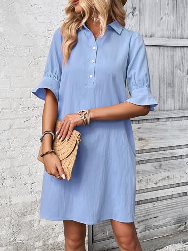Image of FENSACE Womens Casual Shirt Dress Ruffle Sleeve Button Down Shift Summer Dresses with Pockets