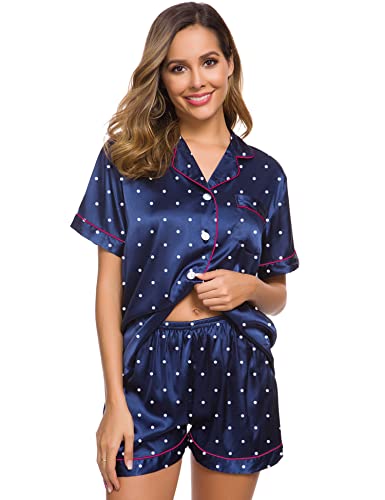 Image of SWOMOG Womens Silk Satin Pajamas Set Short Sleeve Sleepwear Button Down Top and Shorts Loungewear 2 Piece Pjs Set XS-3XL