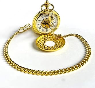 VIGOROSO Men's Pocket Watch with Chain Half Hunter Double Cover Skeleton Mechanical Pocket Watches for Men Dad