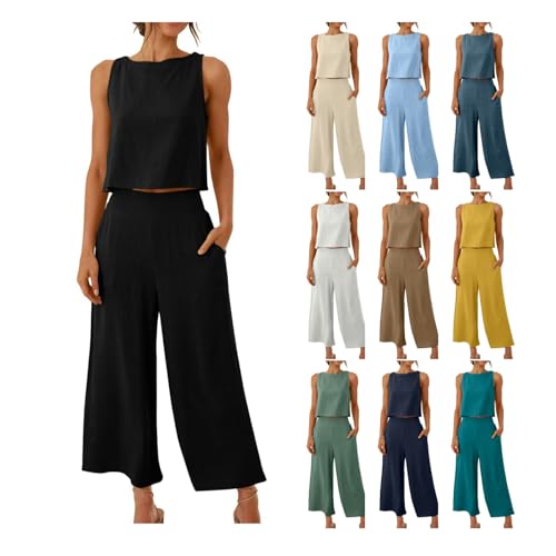 Musselin Hosenanzug Damen Sommer Zweiteiler Tank Top und Hose 2 Teiler Elegant Hosenanzüge Baumwolle Leinen Jogginganzug Elegant Outfit Business Casual Anzug
