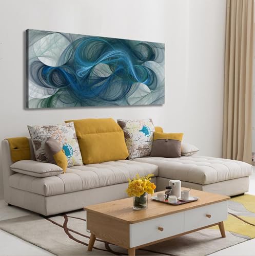 Art abstrait bleu et vert : grand tableau de lignes dessins vortex rotatif 30x75cm - 2