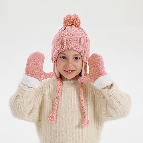 Image of Kids Winter Beanie Hat Mittens Set Warm Fleece Hat Baby Toddler Knitted Hat & Gloves for Boys, Girls