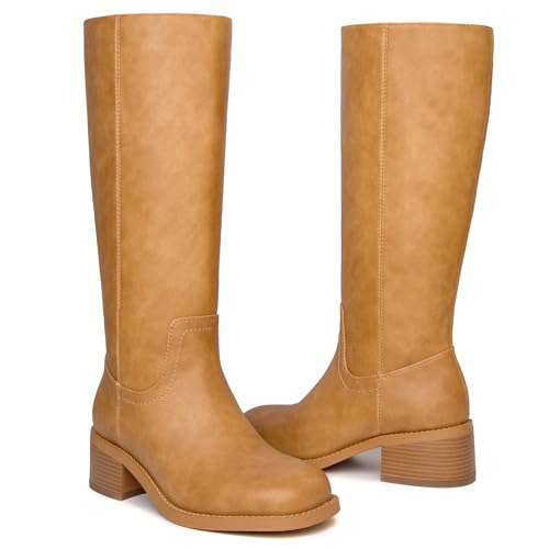 Image of Knee High Boots Women Square Toe Chunky Block Heel Banana Campus Boot Wide Calf Comfortable Low Heel Riding Long Boots