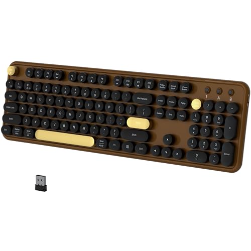 COVEVA Colorful Wireless Bluetooth Keyboard, 2.4G & Dual Bluetooth Multi-Device, Retro Round Keycaps 104 Keys Full-Size for PC Laptop Tablet Phone (Black-Brown)
