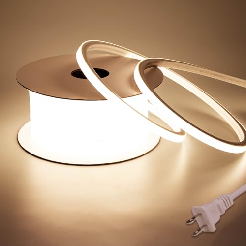 Image of BENLUN AC 110V LED Neon Strip Light 32.8FT, 3000K Warm White Led Rope Lights Outdoor Silicone Waterproof, 10W /M Flexible Cuttable LED Strip for Bedroom Garden Commercial Living Room