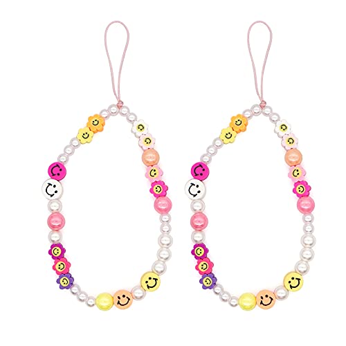 JYXNUAN Beaded Phone Strap Charm Y2K,Smiley Face Beaded Phone Charm Strap,Fruit Smile Rainbow Color Phone Lanyard Wrist Strap