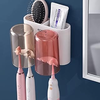 Toothbrush Holder Wall Mounted for Bathroom - Bathroom Toothbrush Holder Set with 2 Washcups,Storage Box and 6 Electric Toothbrush Slots-Bathroom Organizer Storage Accessories Set for Kids or Adults