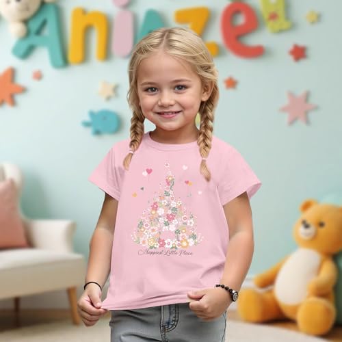 Image of Shirt for Girl Cute Floral Graphic Tshirt Holiday Summer Trip Tee Tops | Toddler Girls Soft Cotton Floral T-Shirt Short Sleeve Happy Place Graphic Tee Summer Casual Vacation Top for Kids