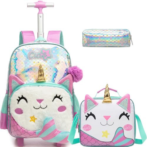 Meetbelify Backpack with Wheels for Girls Rolling Backpack Cute Carry on Backpack for Elementary Student