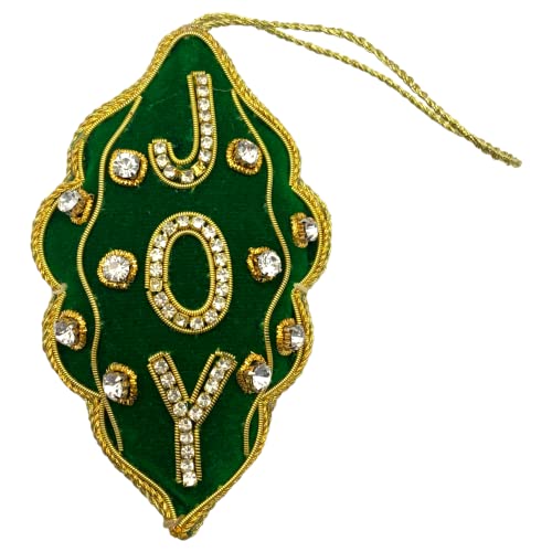 Zari Green Joy - Adorno colgante para árbol de Navidad, bordado Zardozi, bolsa de regalo, fabricado en la India
