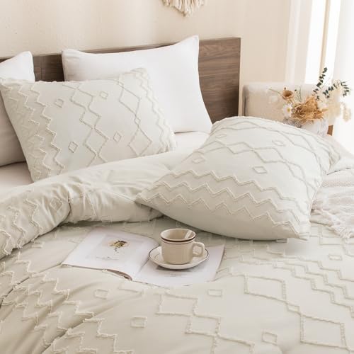 Image of Andency Beige Tufted Comforter Set Full(79x90Inch), 3 Pieces(1 Boho Comforter, 2 Pillowcases) Textured Farmhouse Bed, Soft Down Alternative Geometric Bedding Set