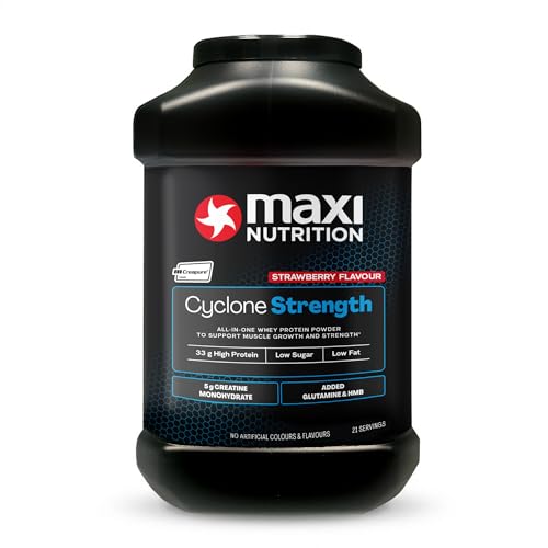 MaxiNutrition Cyclone Strawberry Whey Protein Isolate Blend + Creatine Glutamine & HMB Added Zinc - Low in Sugar and Fat 33g Protein per Serve - 1.26kg - NO Artificial Colours OR Flavours