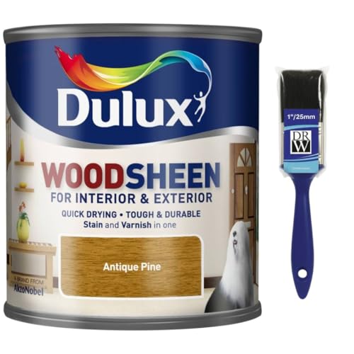 Image of Woodsheen Stain and Varnish 250ml Antique Pine +1" Brush | Interior Wood Stain and Varnish | Satin Finish for Doors Skirting Furniture and Trim | Quick Dry Wood Protection