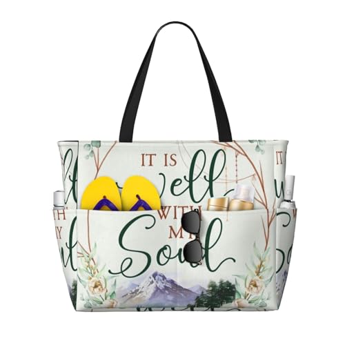It Is Well With My Soul Floral Christian Large Capacity Beach Travel Bag – Lightweight Foldable Waterproof & Sandproof Tote With Multiple Pockets,Beach Vacation Essentials