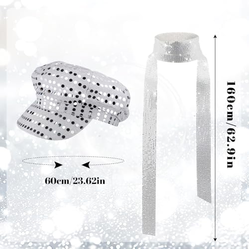 SAIIURV 2 Pcs 70's Disco Adult Hat Cap, Skinny Long Neckerchief, Disco Costume Set, Abba Accessories Women with Sequins Hat Bling, Fancy Dress Silver Sequin Shiny Stag/Hen Party Night (Silver)