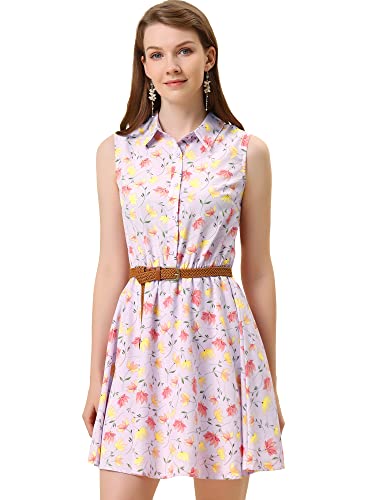 Image of Allegra K Women's Floral Printed Half Placket Above Knee Summer Sleeveless Belted Dress
