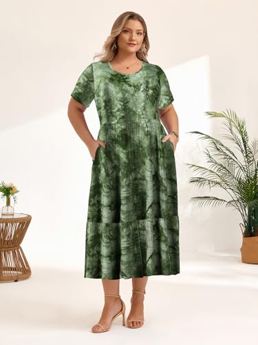 Image of LARACE Plus Size Dresses for Women Summer Casual Short Sleeve Long Dress Flowy Maxi Beach Dresses with Pockets L-6XL