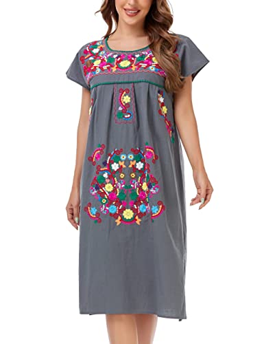 Image of YZXDORWJ Women Mexican Embroidered Long Dress Ruffle Collar Maxi Boho Floral Summer Short Sleeve