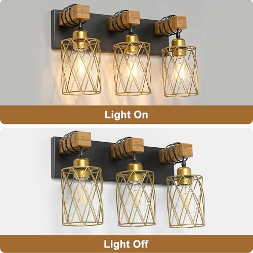 Image of IZORRO Farmhouse Bathroom Vanity Light, 3-Light Wood Bathroom Light Fixtures Over Mirror, Black and Gold Industrial Vanity Lights with Metal Shade, Rustic Restroom Lighting Fixtures